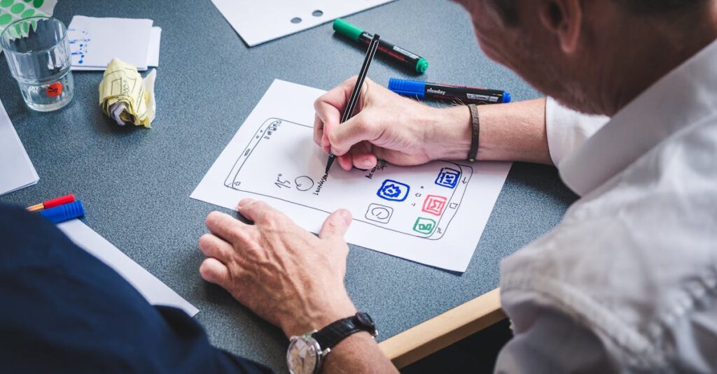 A designer sketches a mobile app prototype on paper at an office desk, focusing on creativity and design.