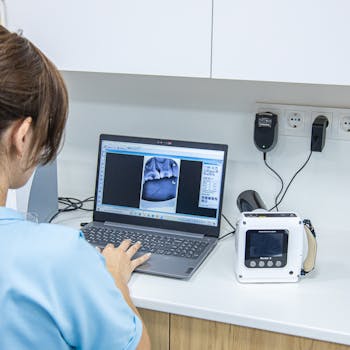 Dentist reviewing dental X-ray image on laptop, showcasing modern healthcare technology.